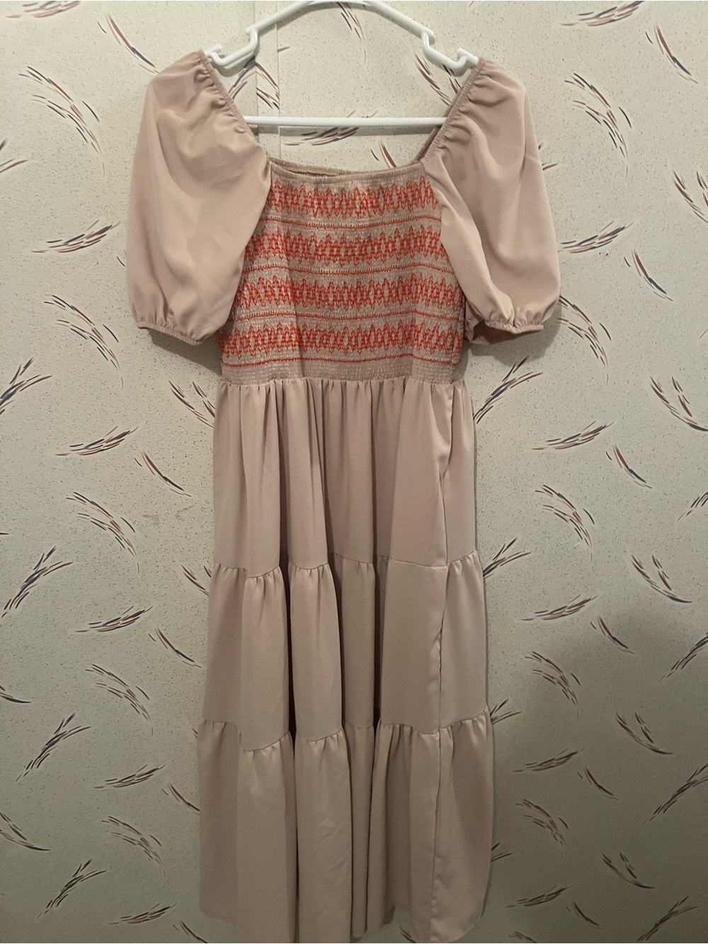Smocked Puff Sleeve Tiered Midi Dress | Beige with Coral Embroidery